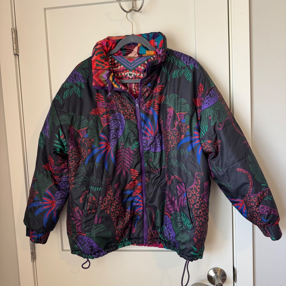 Farm Rio Reversible‎ Mixed Prints Puffer Jacket Crochet Patchwork Leopard Small - Picture 8 of 11